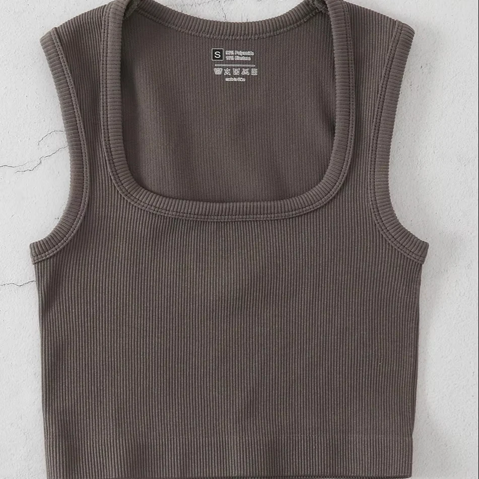 Solid Color Square Collar Sleeveless Ribbed Slim Fit Basic Racerback Vest Quick-dry Breathable Running Fitness Crop Tank Top