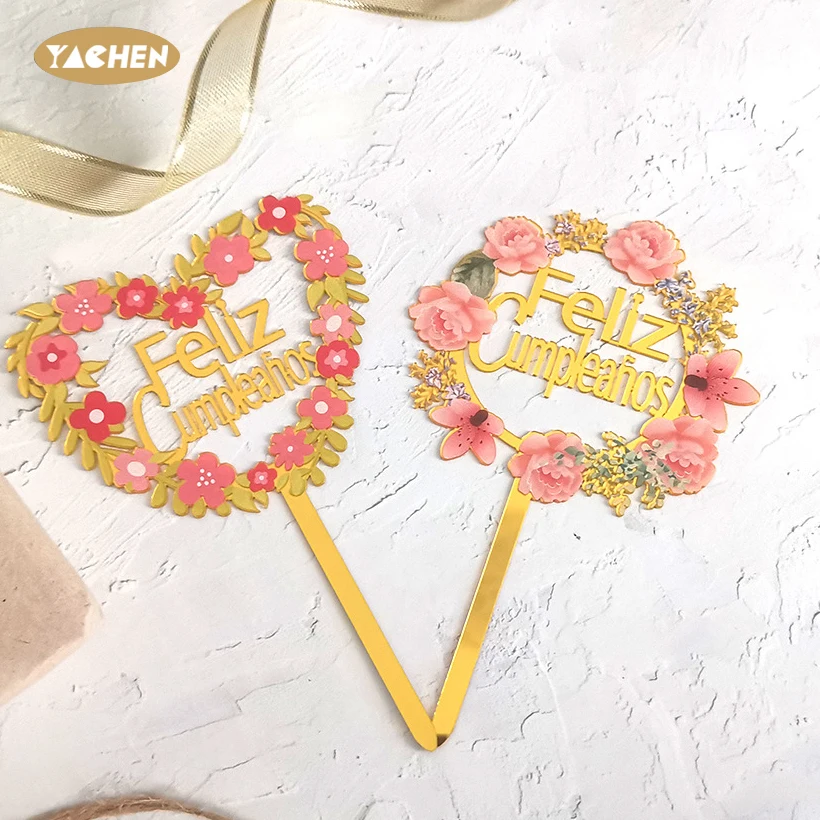 YACHEN Wholesale Custom Acrylic Happy Birthday Cake Topper Decoration Golden Flower Acrylic Cake Toppers