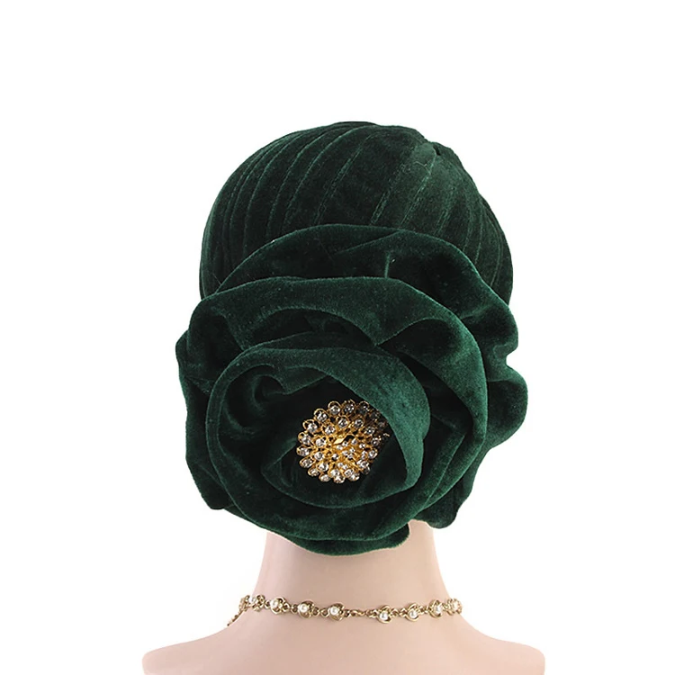 New Multicolor Muslim Women Gold Alloy Diamond Big Flower Velvet Turban Hat Muslim Hijab Indian Hat