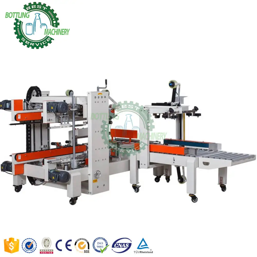 Durable automatic continuous cover blade folding width height adjustable case box carton closing machine with roller conveyor