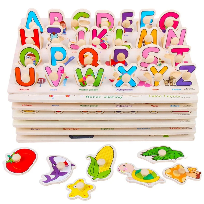 2019 New Kids Toy Early Education Children Hand Grabbing Puzzles Alphabet Wooden Peg Puzzle Animal