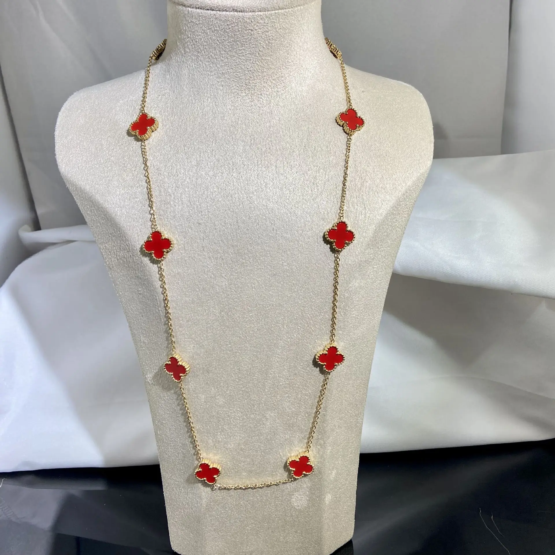 10pcs Gold Plated Charm Stainless Steel Lucky Four Leaf Clover Long Necklace for Women