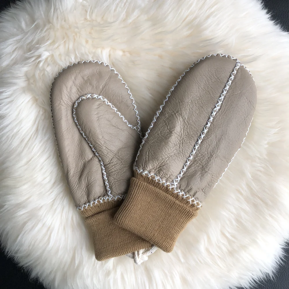 Custom Fashionable Waterproof Features Double Face Sheepskin Leather Gloves Kids Mittens Shearling Fur Lining