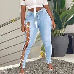 2021 Women Sexy Popular High Waist Bandage Pierced Design Plus Size Patchwork Denim Pants & Jeans