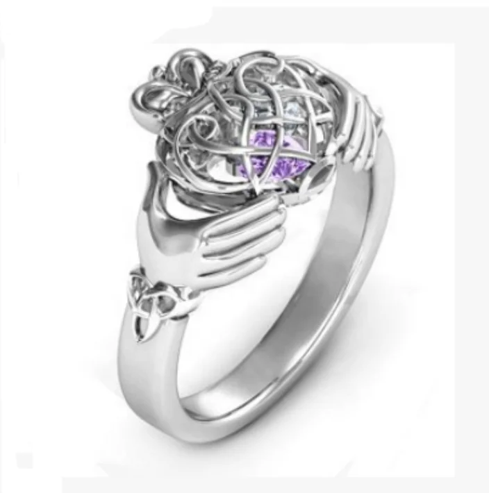 Custom personalized 925 sterling silver two handed pallet reticular heart shaped birthstone stone rings cage for womens