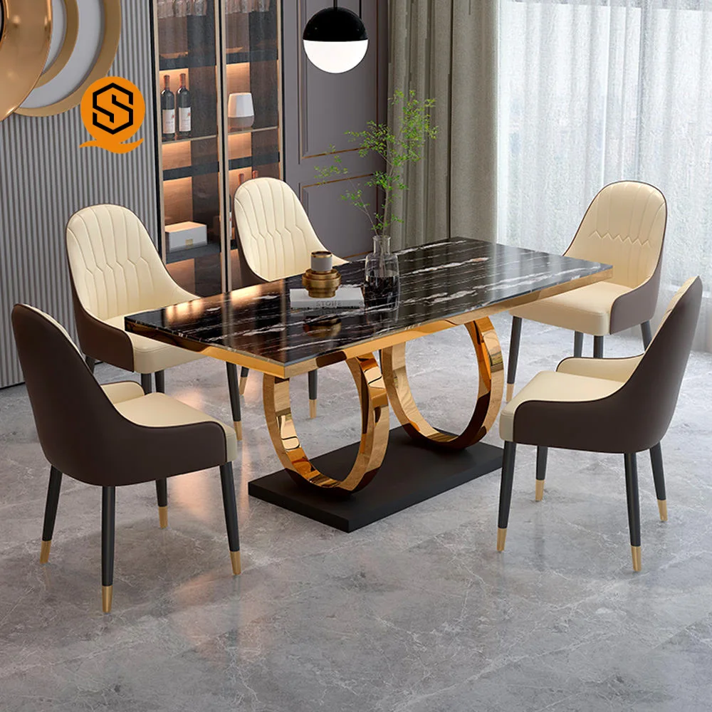 Morden luxury furniture marble stainless steels Kitchen Table Chair full set Extendable Home Use Restaurant Dining table