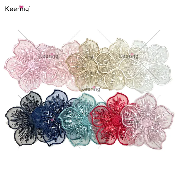WTP-1534 Keering New Arrive Good Price Fabric Flowers Lace Sequins Beaded Embroidered Flower Trimmings For Dresses