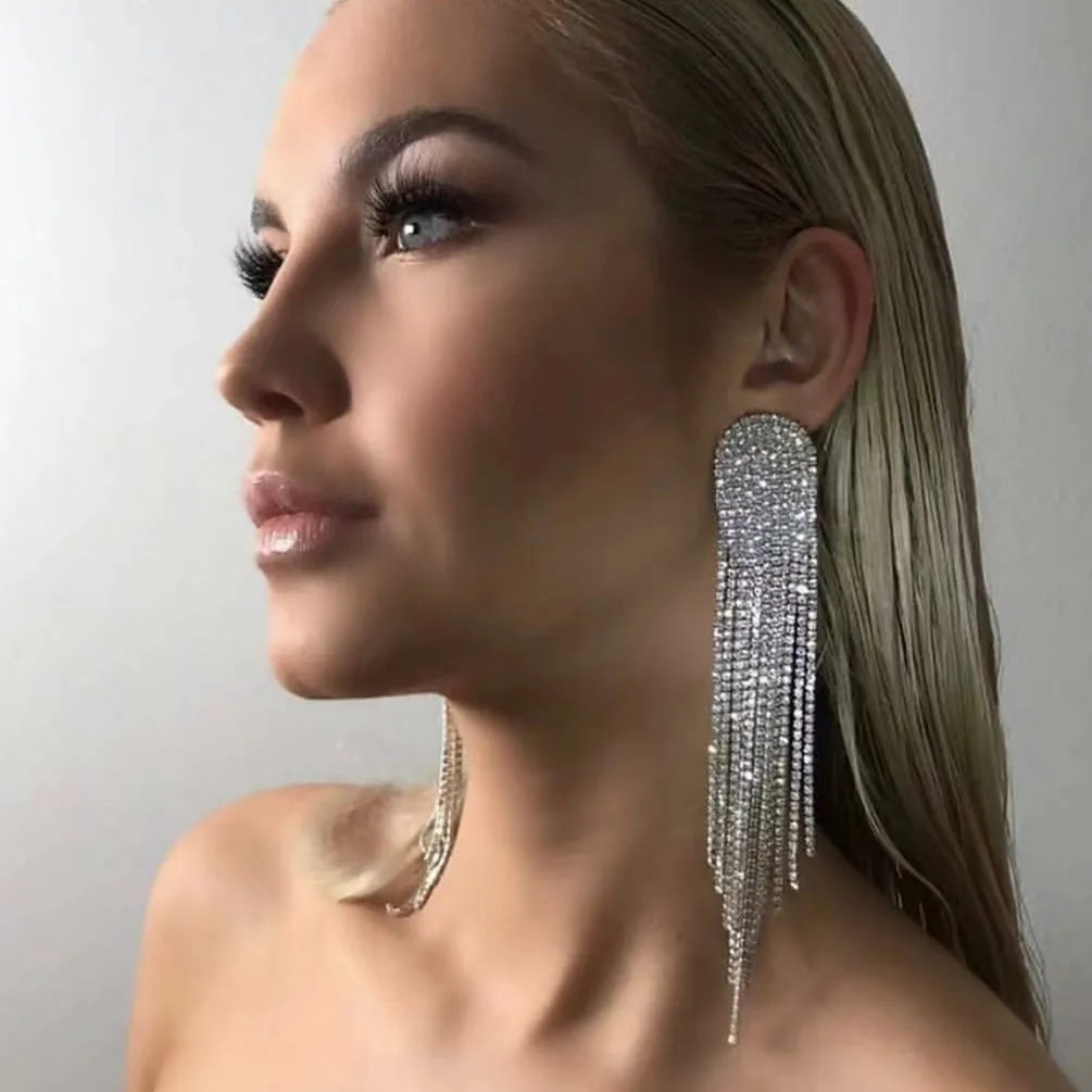 Luxury Jewelry Full Rhinestone Crystal Tassel Earrings Shiny Dangle Drop Earrings Wedding Party Gold Earings Jewelry