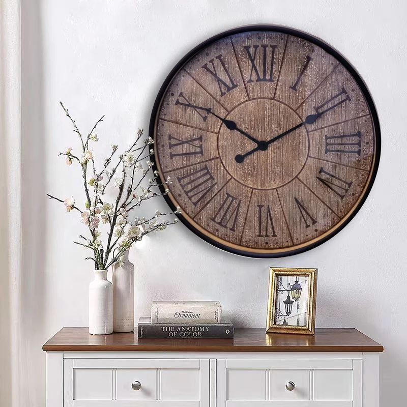 61CM large wood grain wall clock Modern farmhouse decoration industrial wind plastic wall clock