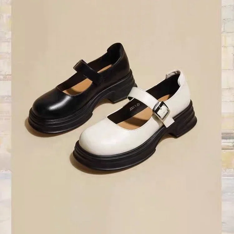 Round Head with Skirt Small Leather Shoes Female Shallow Mouth Burst French Mary Jane Single Thick Bottom