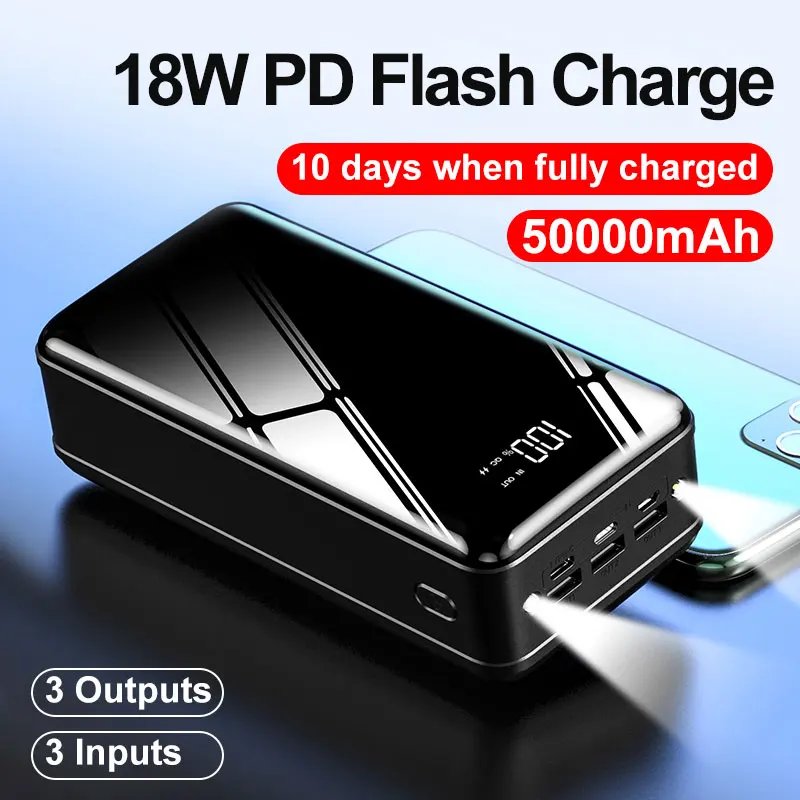 2022 power bank manufacture 50000mAh large capacity 3 Usb Power Bank PD 18W Fast Charging Power Banks For Phone