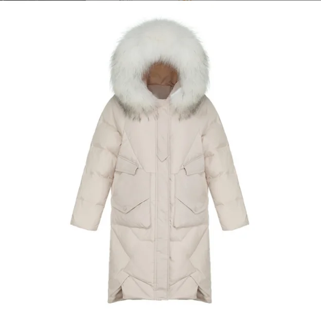 White duck down jacket female 2021 new winter Korean version of the knee large fur collar long thick small jacket