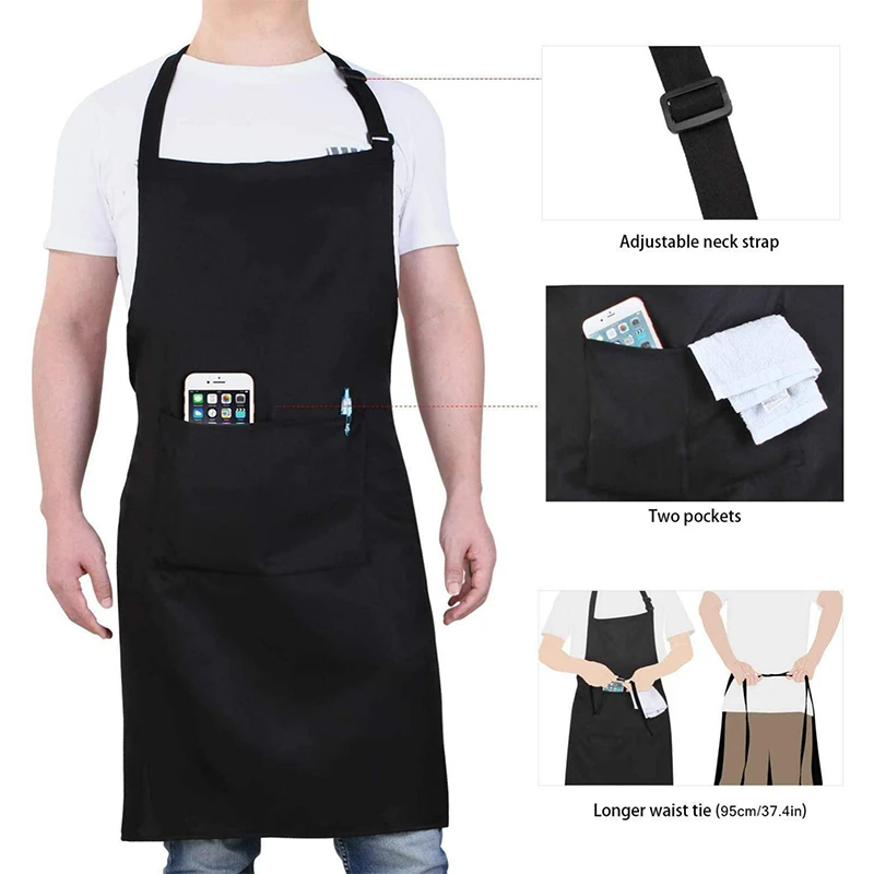 High Quality Waterproof Oilproof Antifouling Custom Kitchen Chef Apron Black Cooking Aprons for Women and Men with Pockets