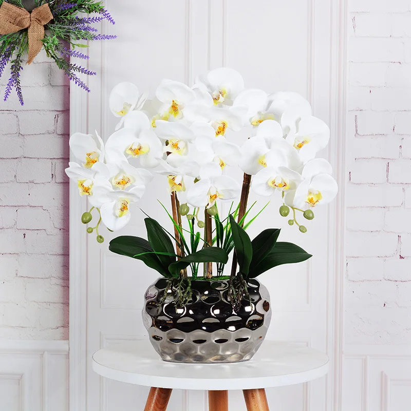DREA Artificial Orchid in Vase White Orchid Latex Real Touch Orchid Plant in Pot Home Decoration Arrangement