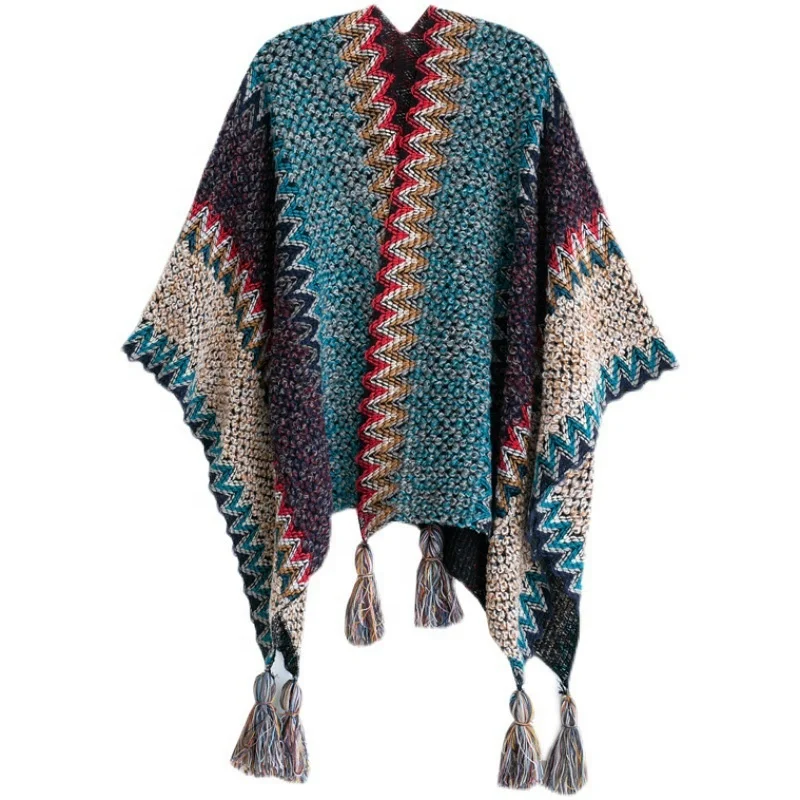 2022 Newest Winter Ethnic Wind Scarf High Quality Wool Cashmere Poncho Shawls Knitted Cover-up With Tassels Thick Cape Blanket