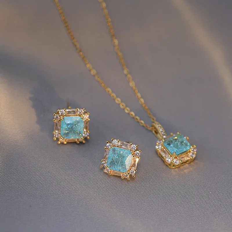 Ladies Luxury Titanium Steel Necklace Earring Set with New Design Red Blue Zircon Net Geometry Niche Stainless Steel Jewelry