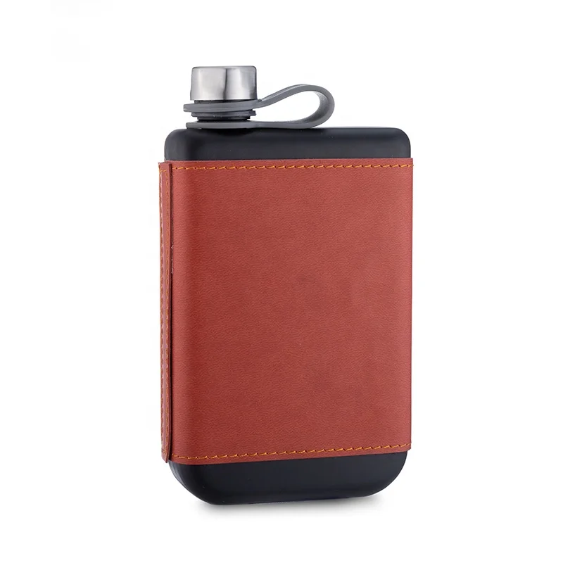 8oz Custom Leather Square Hip Flask BPA Free Stainless Steel Classic Matte Black Whiskey Vodka liquor Alcohol Bottle Gift Set