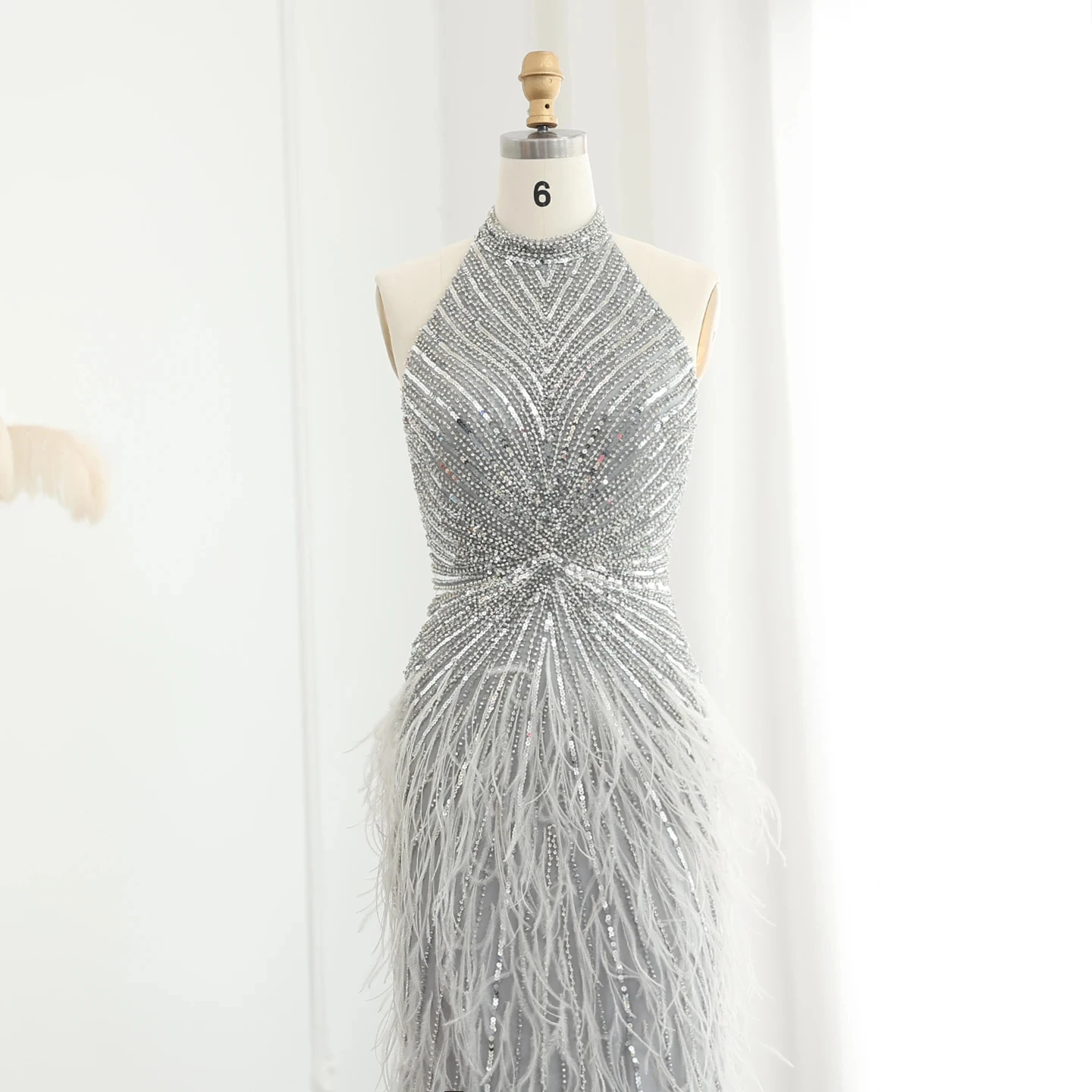 Luxury Beaded Feathers Mermaid Silver Gray Evening Dress Halter Backless Blue Beige Arabic Formal Party Gown SZ006-2