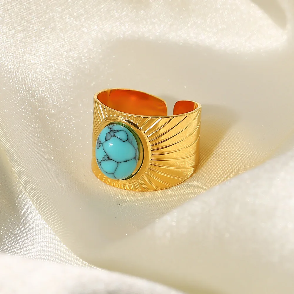 Delicate 18k Gold Plated Turquoise Swirl Marks Wide Opening Stainless Steel Rings For Women Jewelry