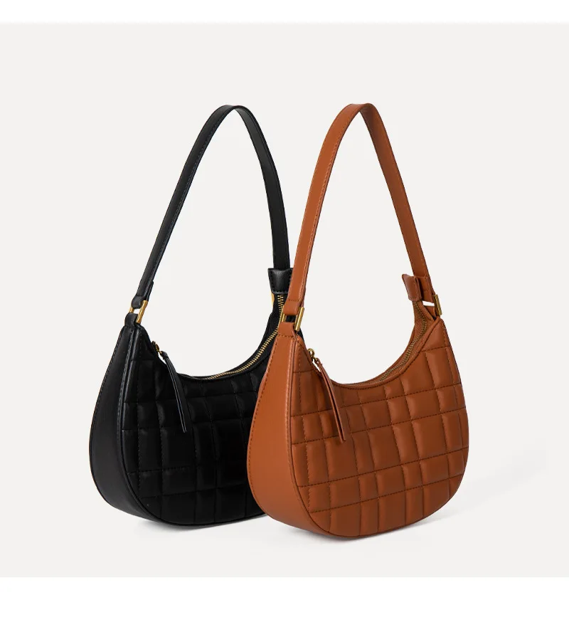 New Fashion PU Leather Totes Crescent shape Underarm Bag  Checkered Pattern Shoulder Bags for Women