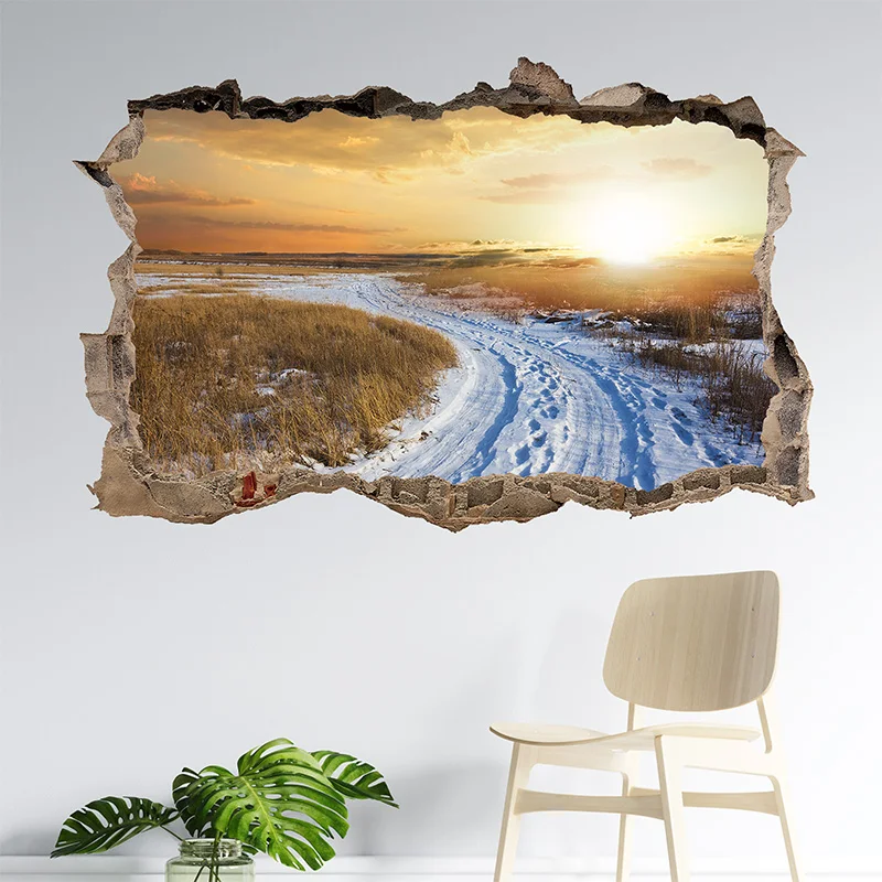 2021 trending products 3D Smashed Wall Effect sticker Sunset Winter Setting Sun Snowfield Home Wall removable Vinyl wall Sticker