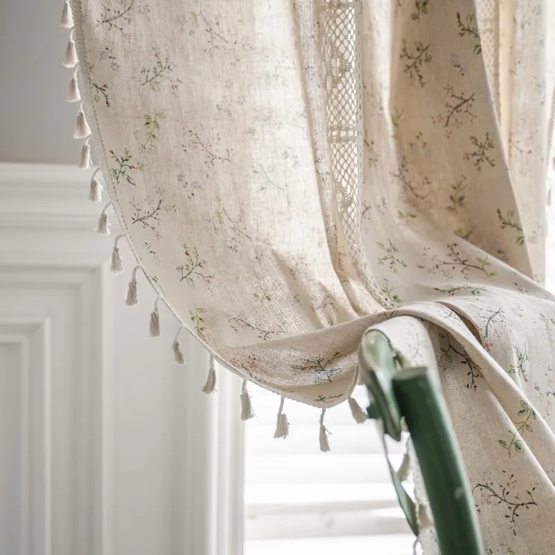 American Beige Square Crochet Stitching Floral Partition Curtain Short Curtain Door Curtain Floating Window Kitchen Drapes