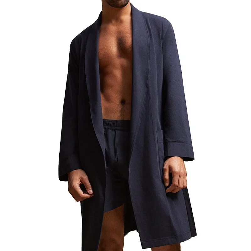 Hot Sale Custom Made Unisex Comfortable Solid Color Waist Tie Belt Long Sleeve Cotton Jersey Robe For Men