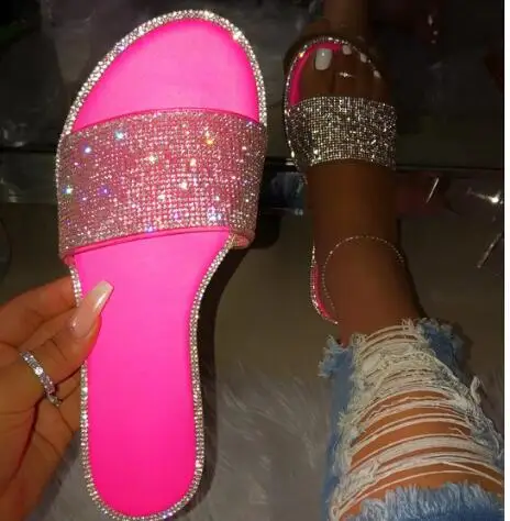  Wholesale new design custom women slide shoes flat sandals rhinestone summer