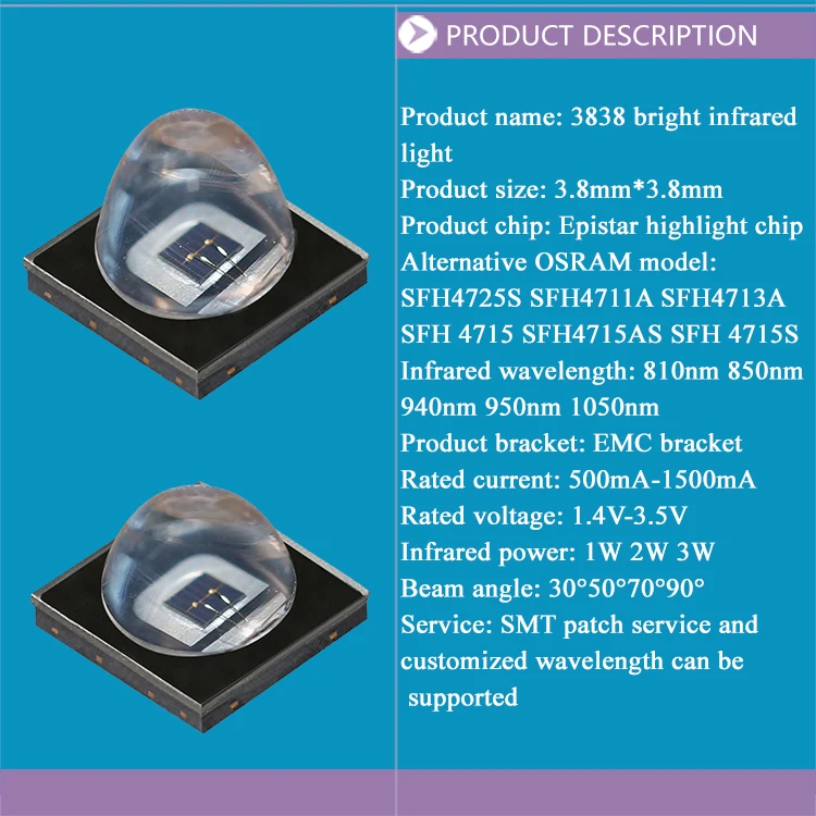 Source Factory High Power LED 810nm 850nm IR Infrared SMD 3838 Diode EMC 90 Degree for Outdoor Lighting