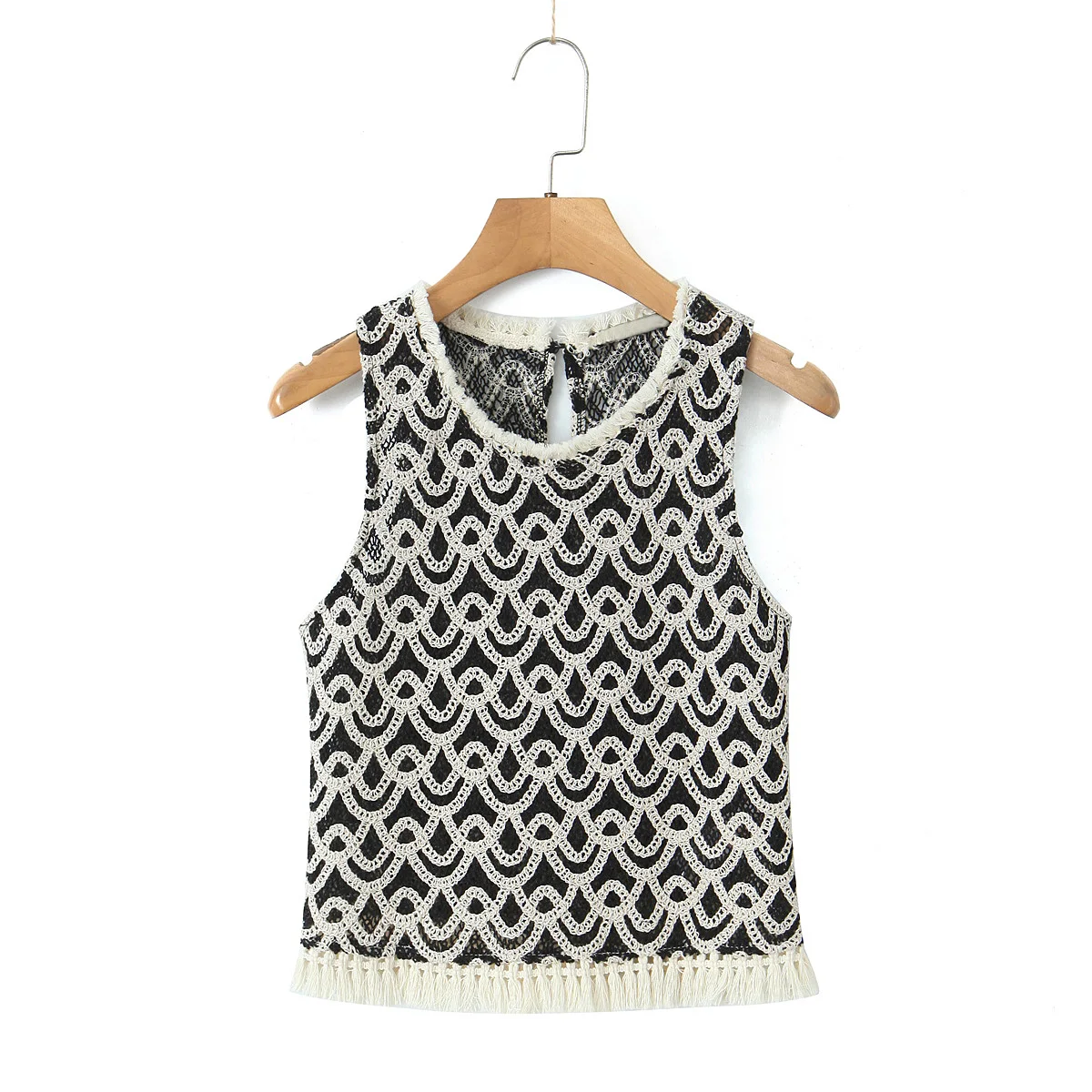 Crew neck black beige color knitted bottom tassel casual fashion women sweater vest for women