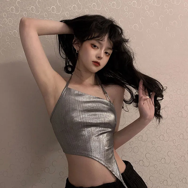 
Summer sexy vests silver halter sleeveless vests women fashion vests Hugh women sleeveless casual top 