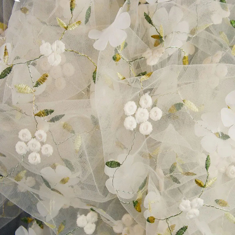 Tissu de broderie 3D flower chiffon embroidered tulle lace fabric for french evening dress 3D fabric
