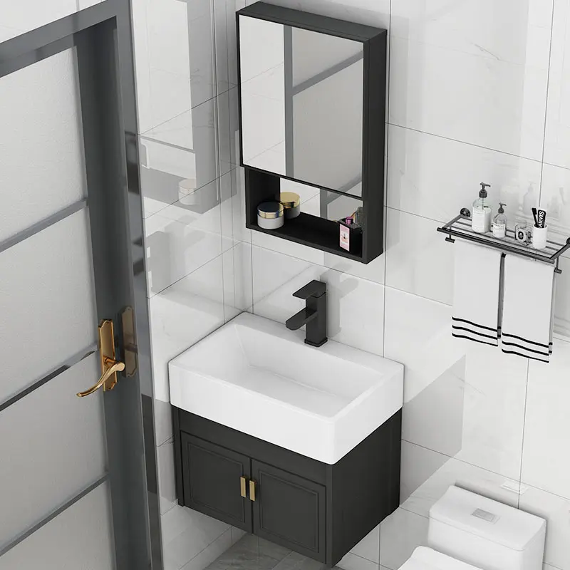 Modern Wall Cabinet Bathroom Sink Customized Style Mirrored Cabinets with Sink Bathroom Vanity Set Cabinet Soft Black Waterproof