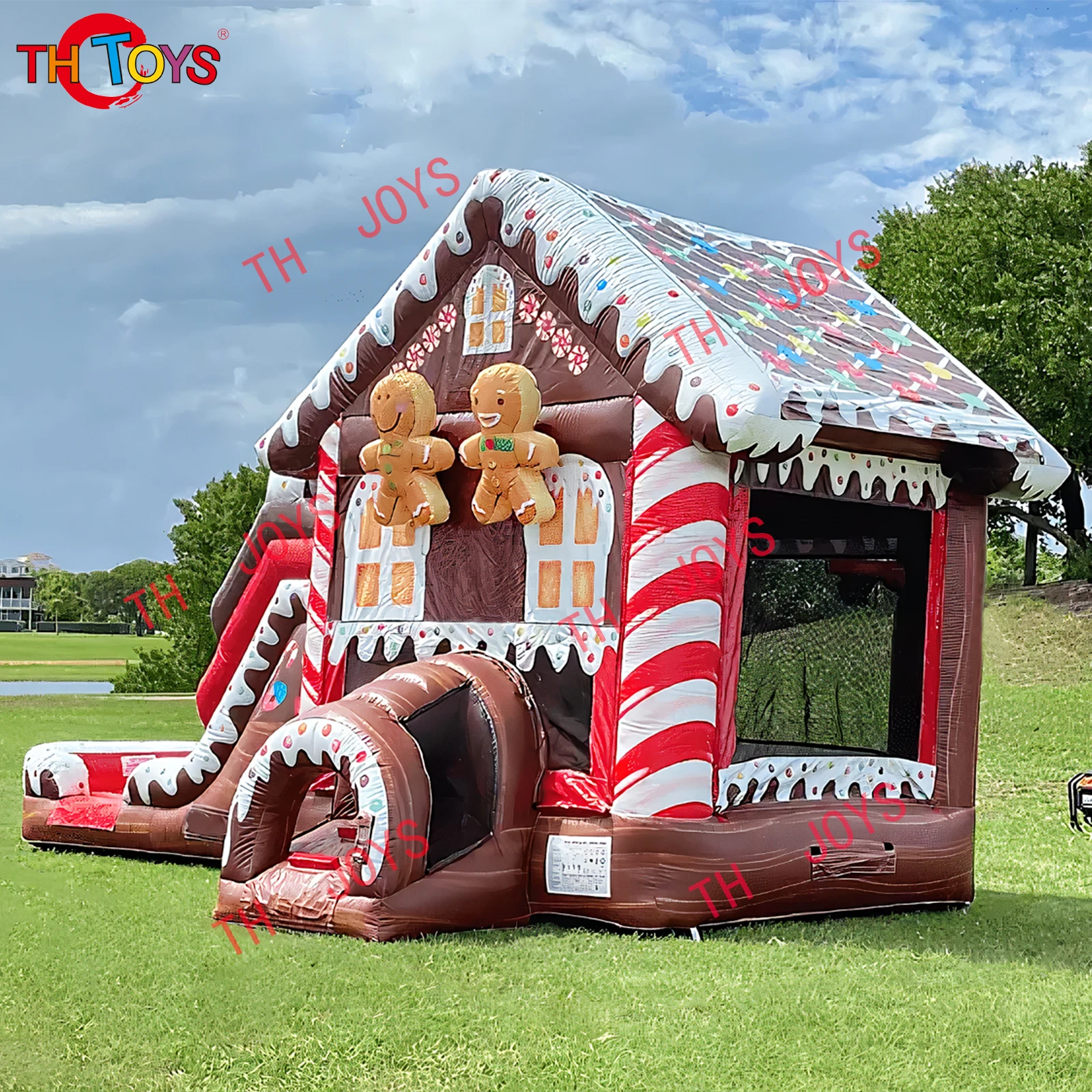 Gingerbread Bounce House With Dry Slide Combo Candy Inflatable Christmas Gingerbread Man Jumping Bed