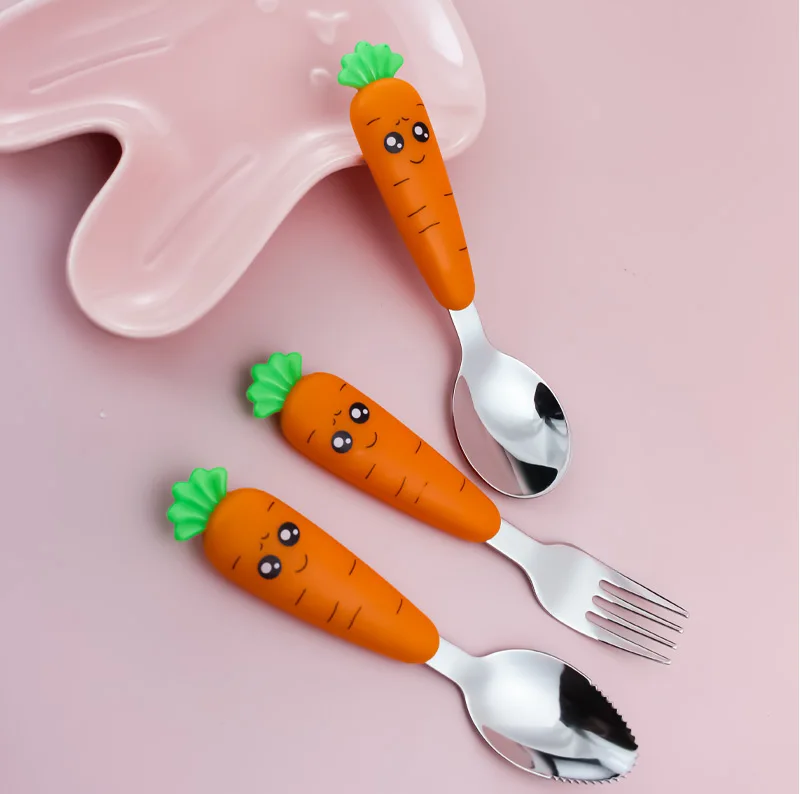 Food Grade Cute Turnip Handle Children Cutlery Set 3PCS Stainless Steel Flatware Sets Kids Fork Spoon Set With Gift Box