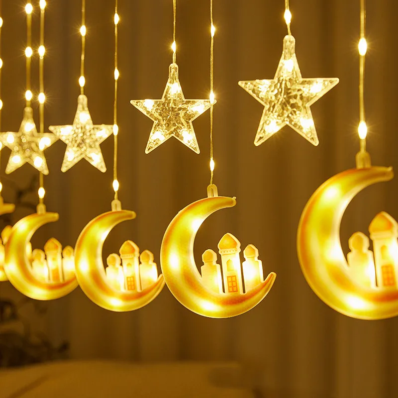 2023 New Middle East Castle Eid Mubarak Light Muslim Decoration Hollow Mosque Eid Mubarak Fairy Led String Ramadan Light