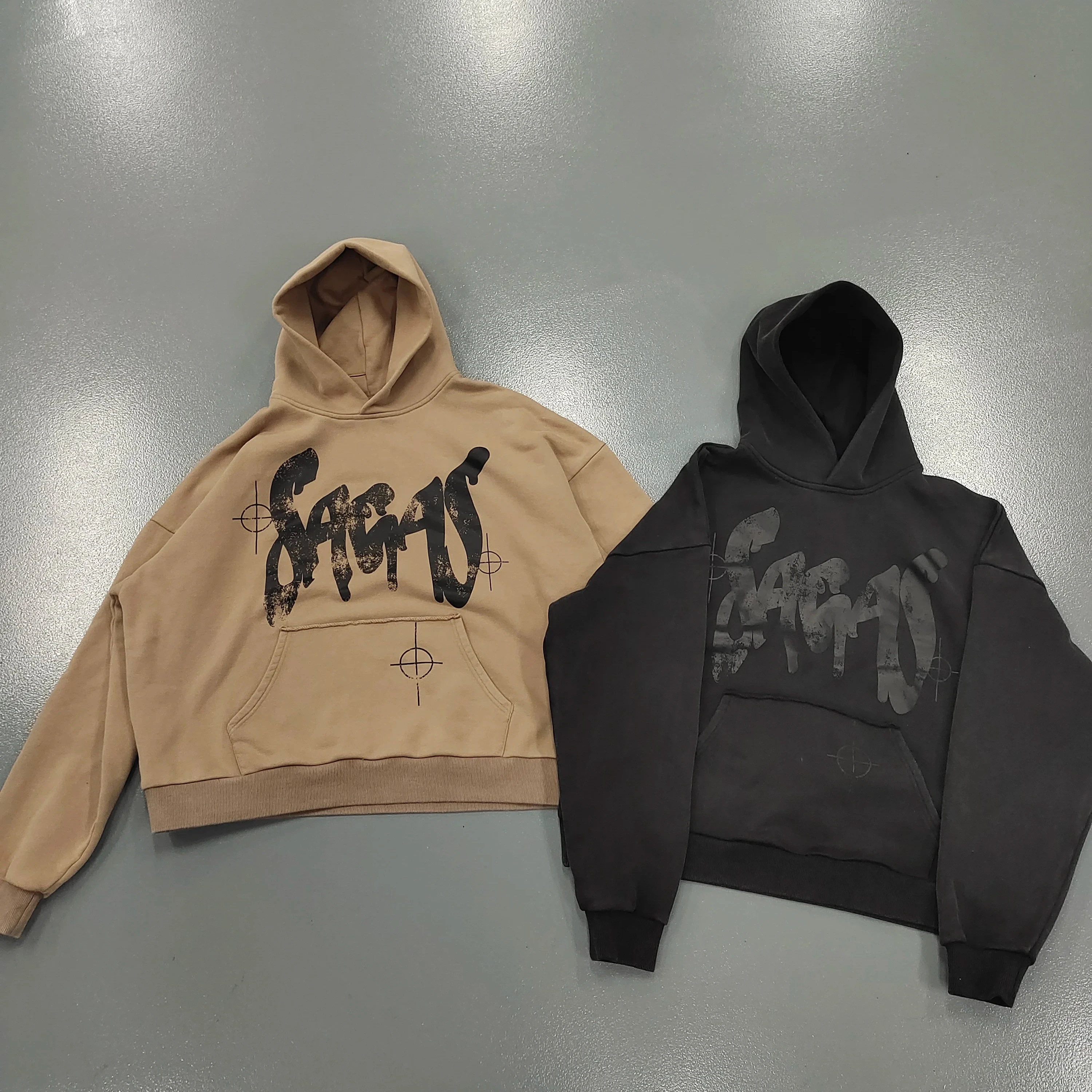 Vintage Hoodies Cotton French Terry Puff Print Hoodies Oversized Blank Streetwear Pullover Acid Wash Hoodie