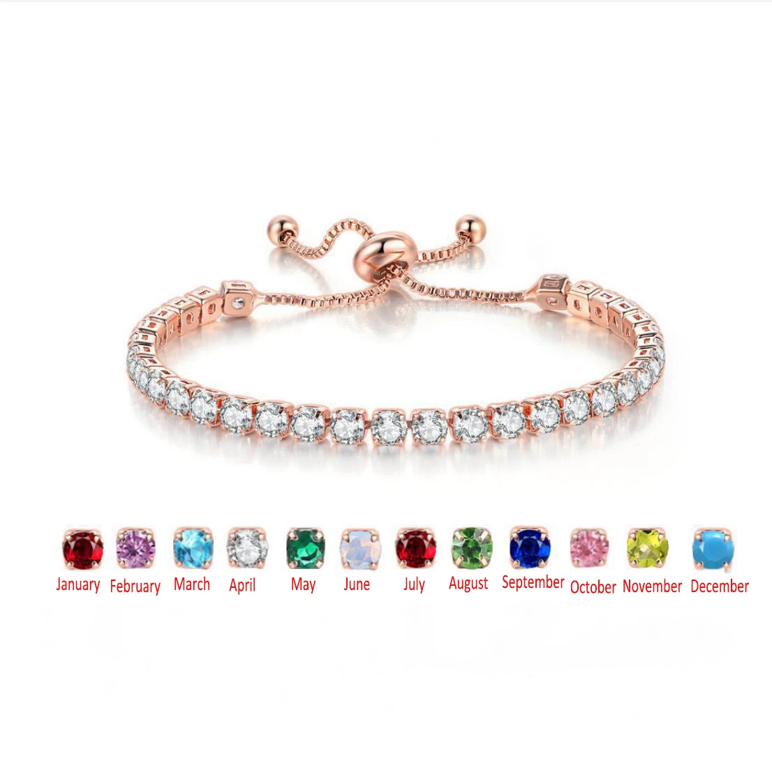 Birthstone CZ Tennis Chain Bracelet Rose Gold Slider Chain 4mm Cubic Zircon Tennis Bracelets for Girls