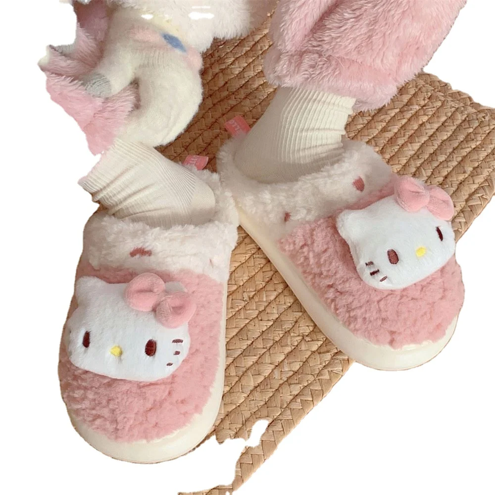 Wholesale Cartoon Sanlio Hello KT Cat Plush Warm Cotton Slippers for Girls Home Bedroom Comfortable Soft-soled Kulomi Shoes