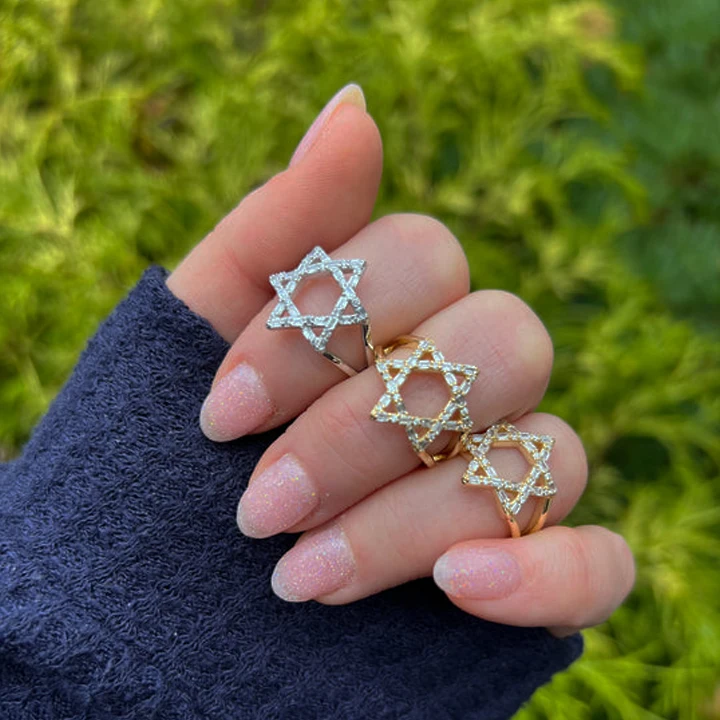 Trendy Women Jewellery CZ Jewelry 14K Gold Plated Rhodium Isreal Sterling Silver 925  Star Of David Ring