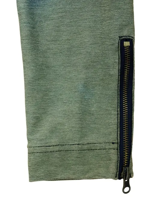 ladies knit denim washed collarless center front zipper chest besom bottom besom sleeve cuff sleeve cap zipped pockets jacket