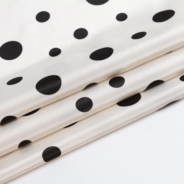 Popular smooth white cloth black dot satin fabric polyester for blouse dress