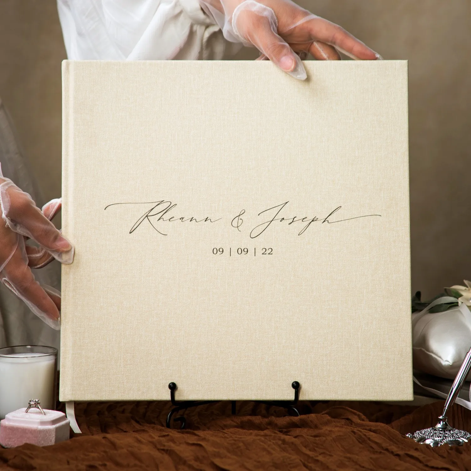 12X12 Premium Canvas Lined Cream Engagement Party Modern Reception Signing Linen Wedding Decor Guest Book Sign Guestbook
