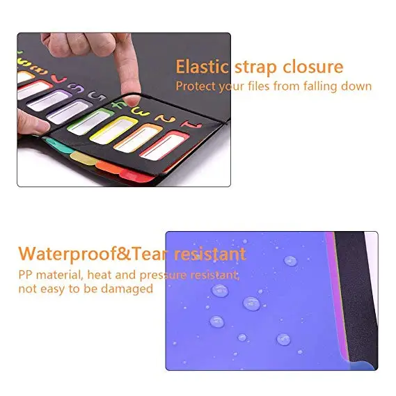 Multipurpose waterproof expandable file folder with elastic strap closure for daily filing and storing of document