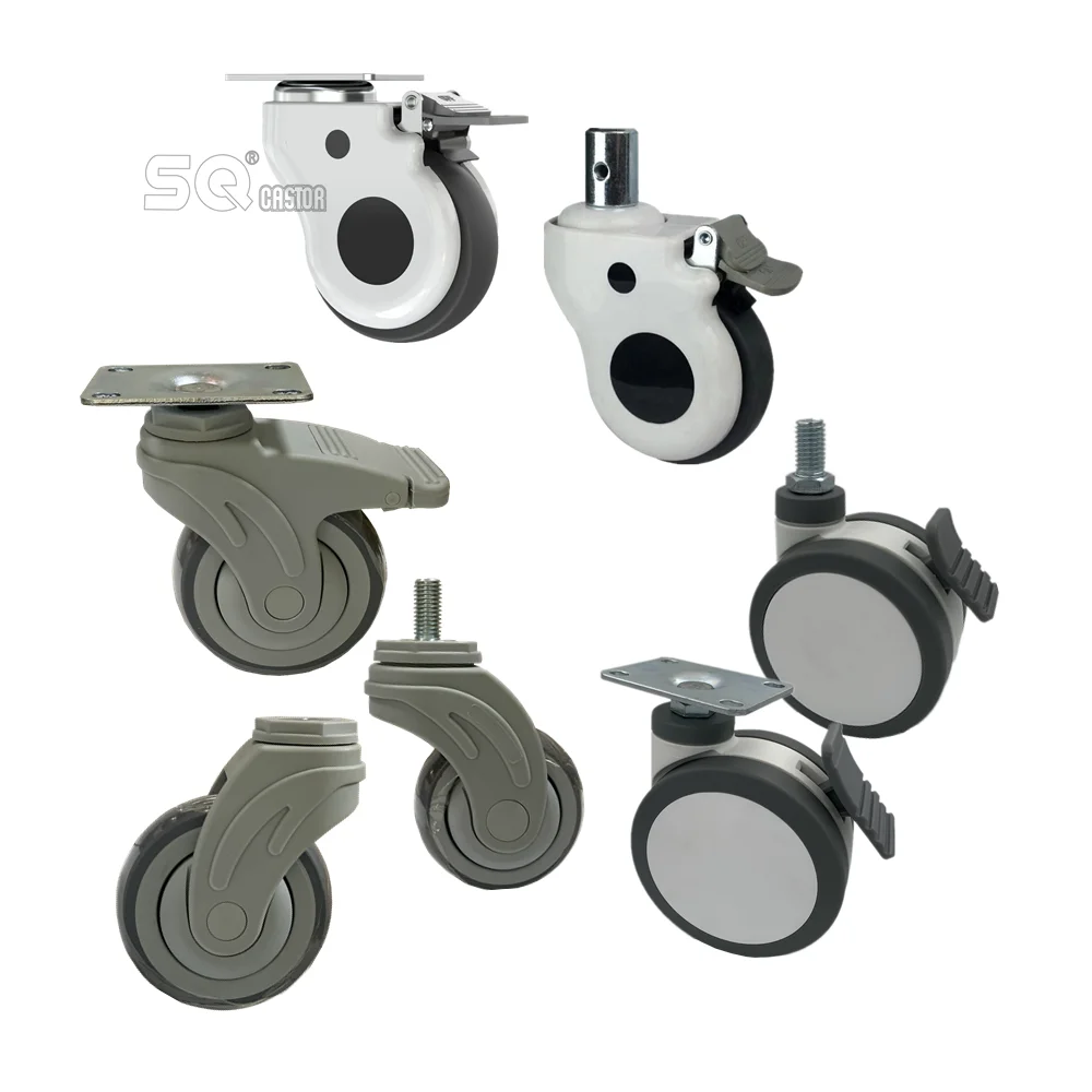 75mm 100 125 mm ABS Grey Rubber wheel swivel caster with brake for medical bed wheels low profile pu TPR caster