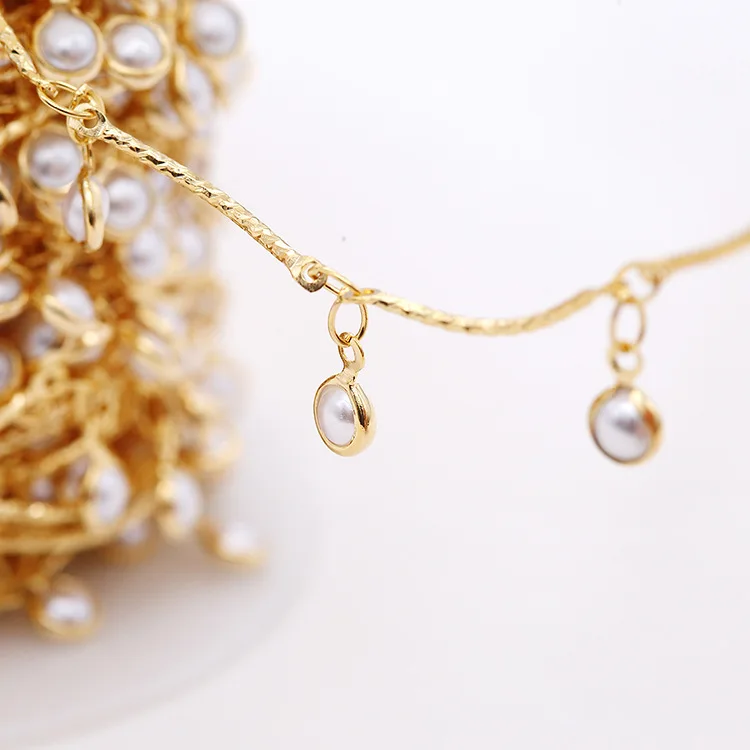Jewelry Supplies Textured Special Design  Gold Plated Pearl Beaded Brass Chain
