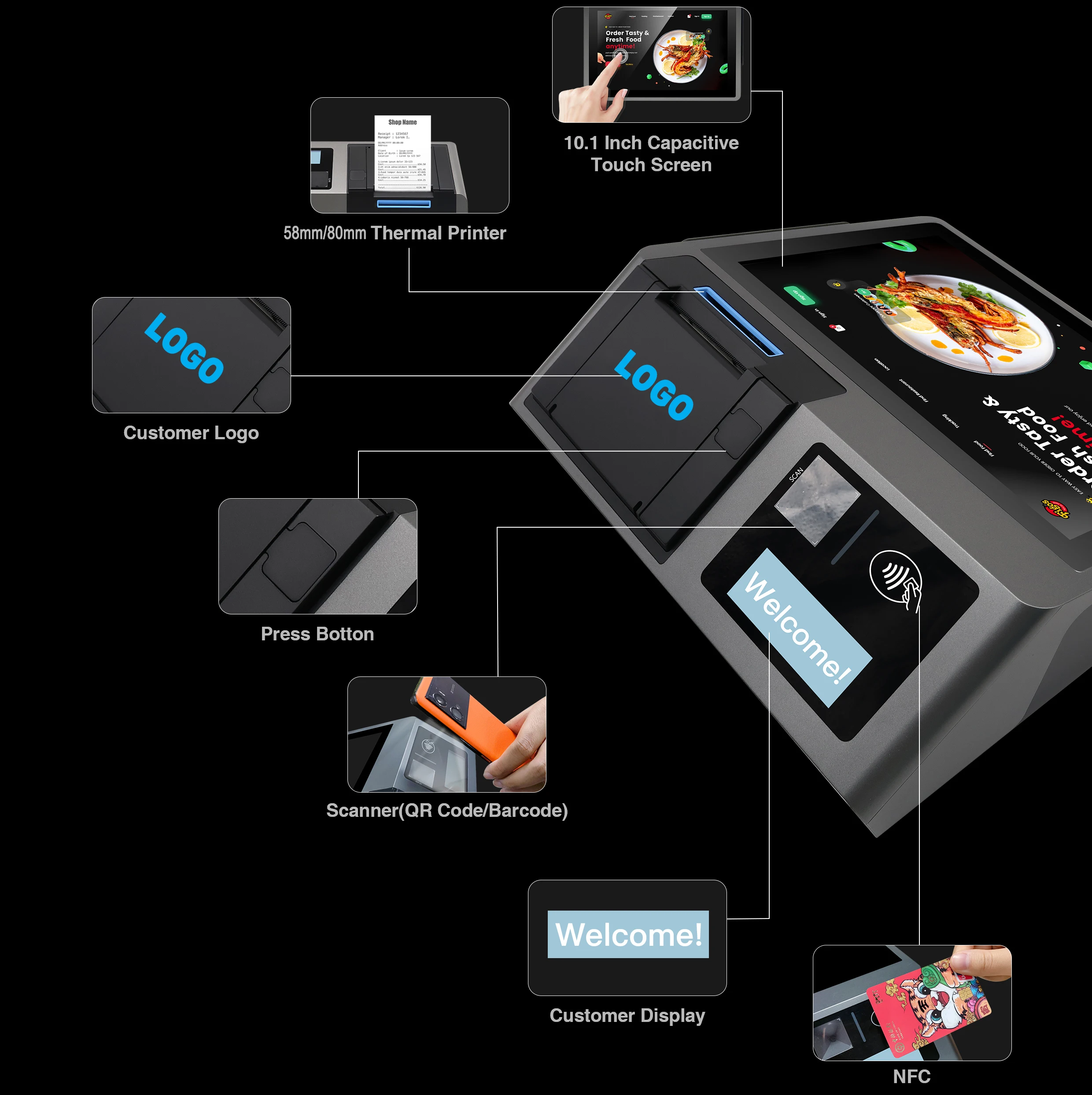 Supermarket Pos Terminal Receipt Printer Sale Tablet PC Android System NFC Cheap Restaurant Pos System