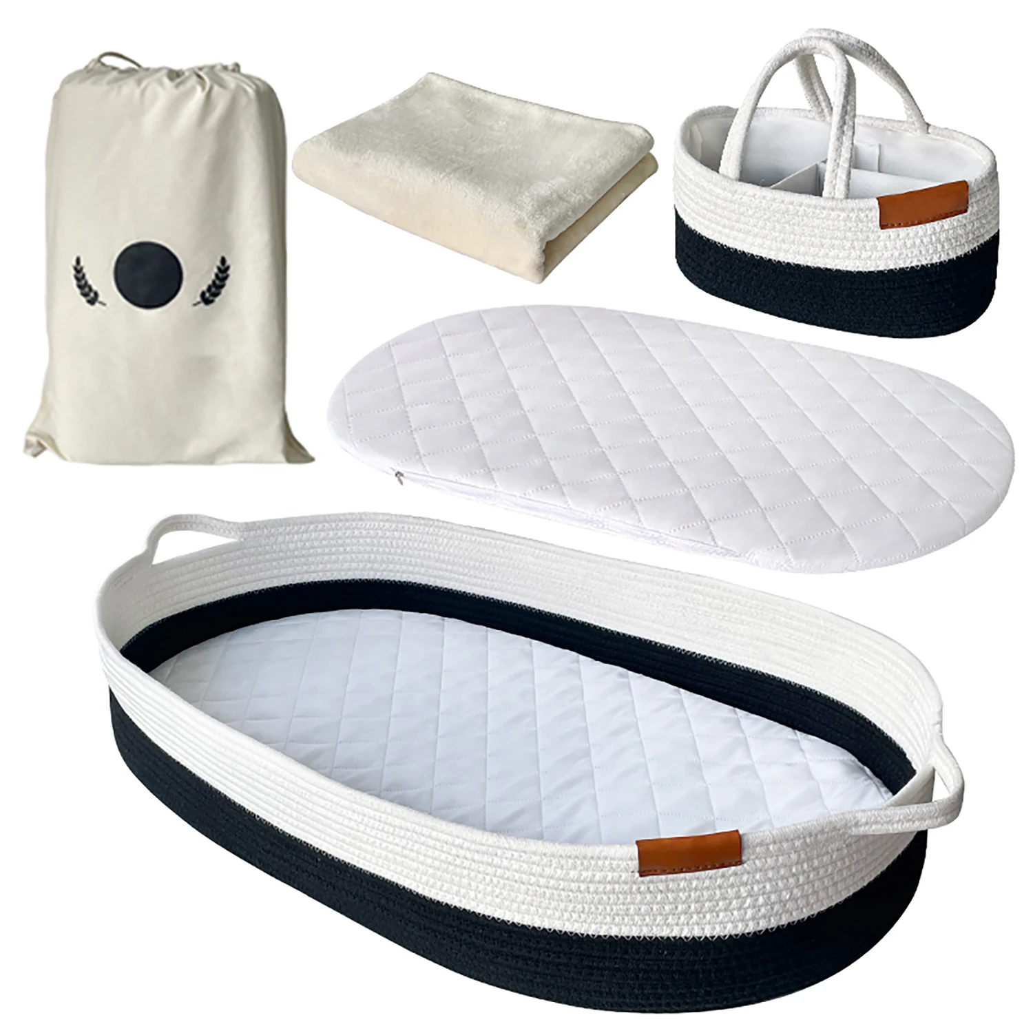 CPC Approved Portable Moses Basket for Newborn Cotton Rope Baby Changing Basket with Foam Pad Diaper Caddy Organizer