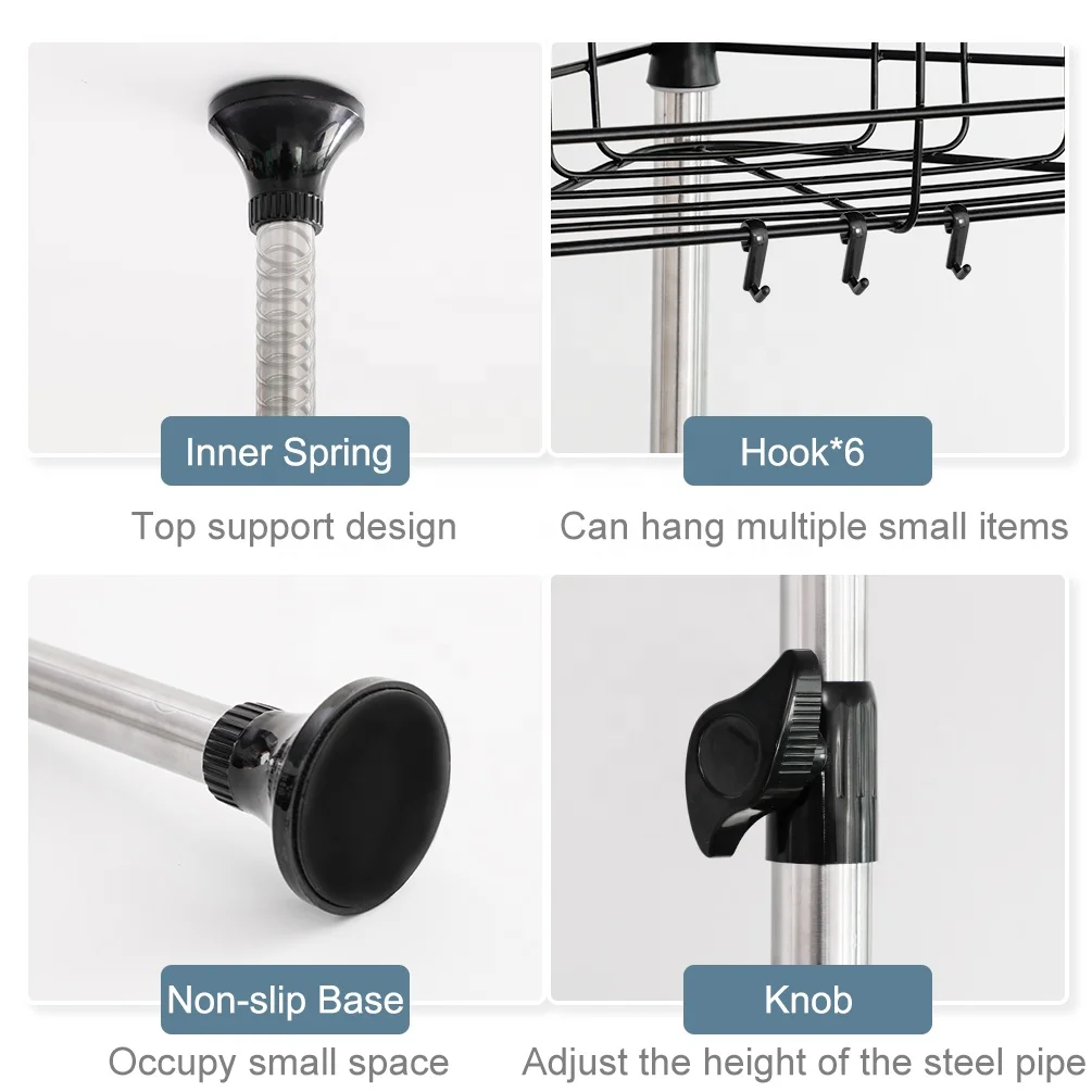 BAOYOUNI Stainless Steel 3 Tier Spring Tension Shower Caddy Adjustable Bathroom Corner Organizer Shelves Height up 310cm