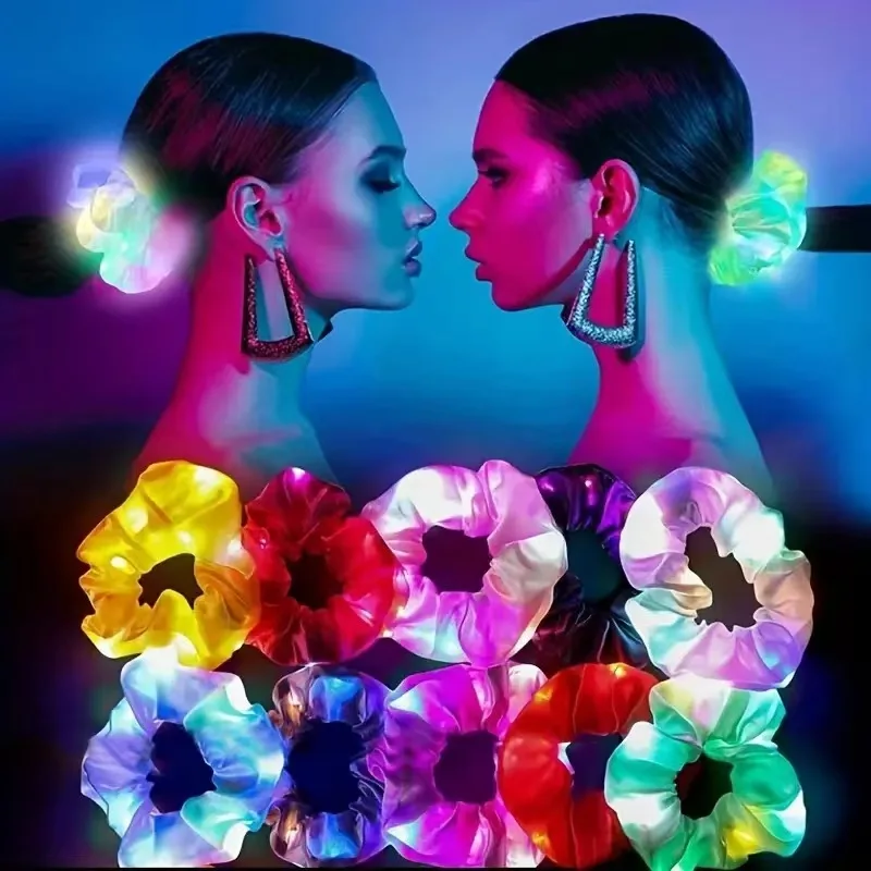 Wholesale Satin Silk Led Flashing Hair Scrunchies Light Up Hairband Elastic Bands Glow Luminous Headband Party Favors Supplies